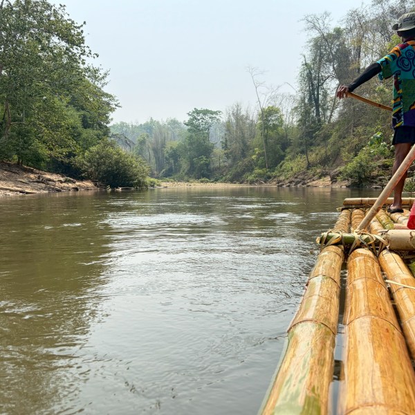 Person navigating bamboo raft down a calm river surrounded by lush greenery.