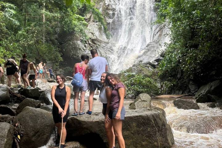 People standing on rocks near a waterfall in a forested area.