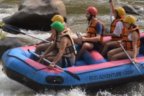 Group of people in helmets rafting on a river.